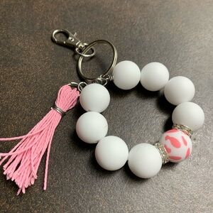Elegant White and Pink Beaded Keychain with Tassel